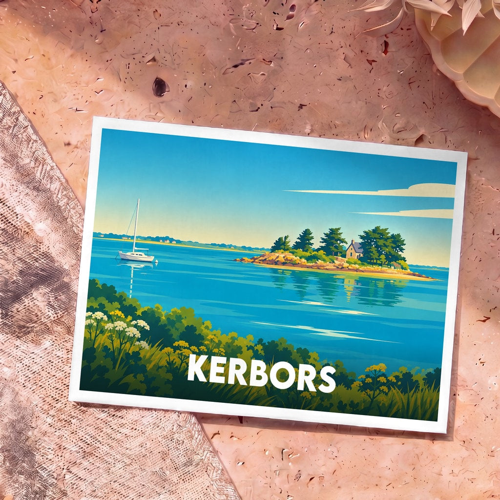 Carte postale souvenir de la ville de Kerbors avec une illustration stylisée d'un paysage côtier breton.
