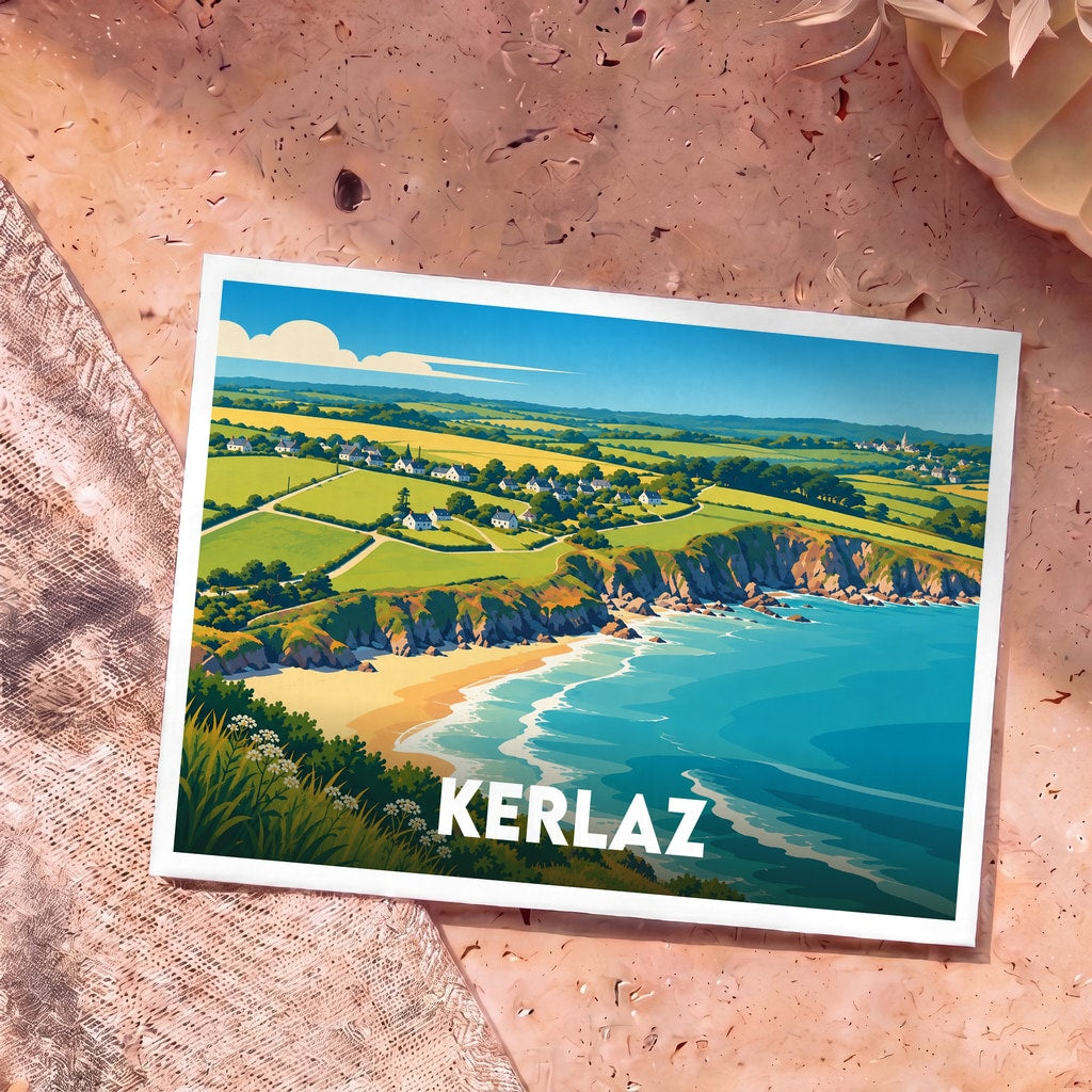 Carte postale souvenir de la ville de Kerlaz avec une illustration stylisée d'un paysage côtier breton.