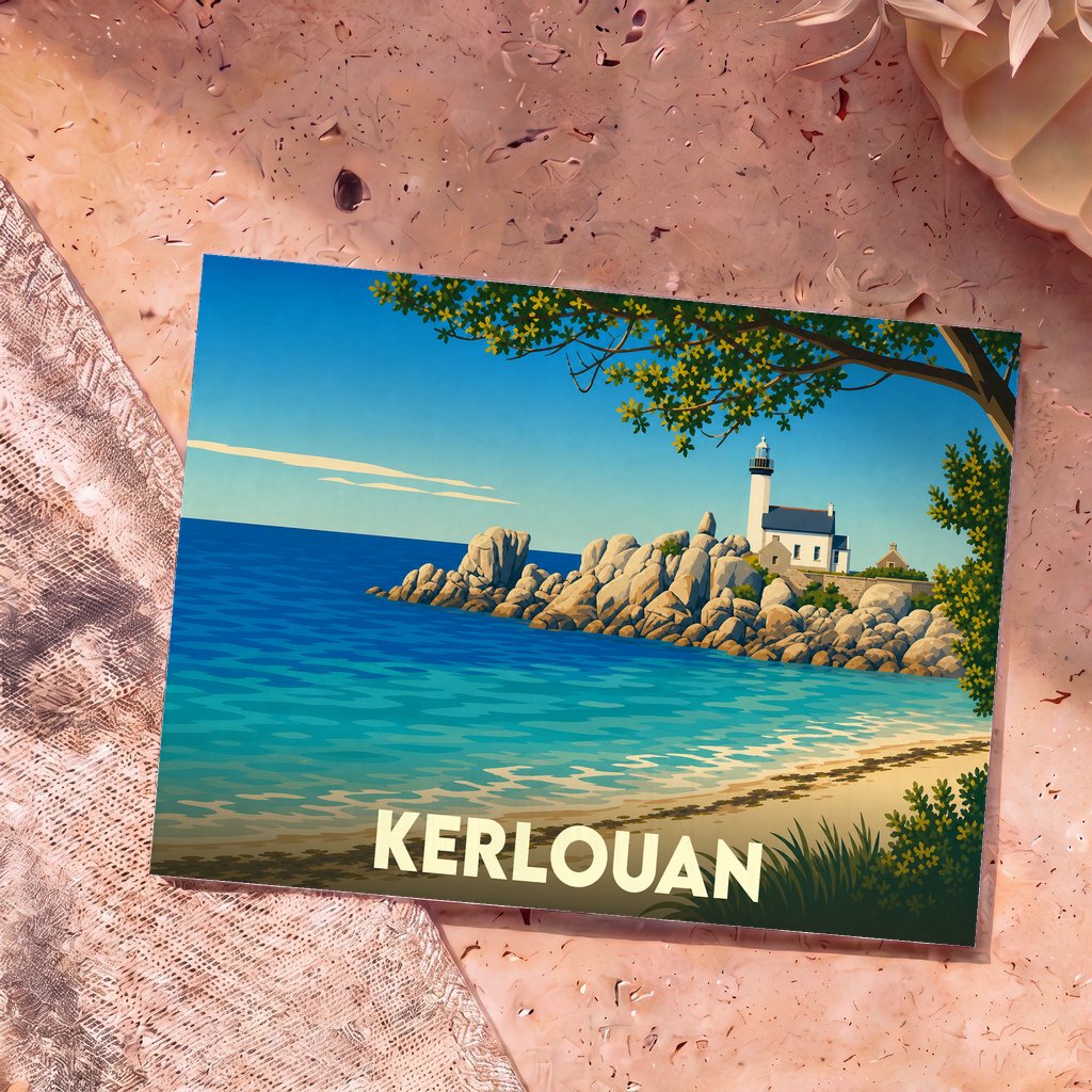 Carte postale souvenir de la ville de Kerlouan avec une illustration stylisée d'un phare surplombant une côte rocheuse et une plage.