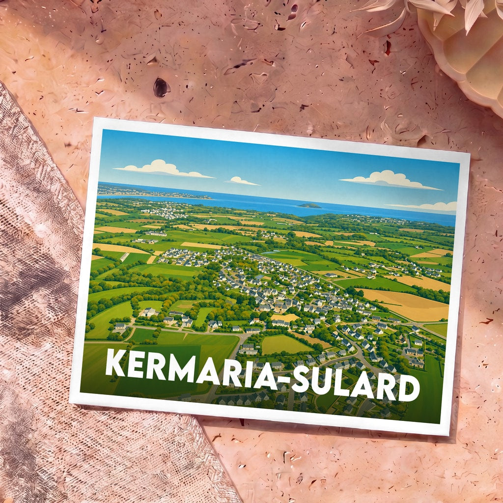 Carte postale souvenir de la ville de Kermaria-Sulard avec une vue aérienne illustrée et stylisée.