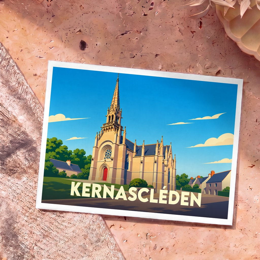Carte postale souvenir de la ville de Kernascléden illustrant son église dans un style graphique épuré.