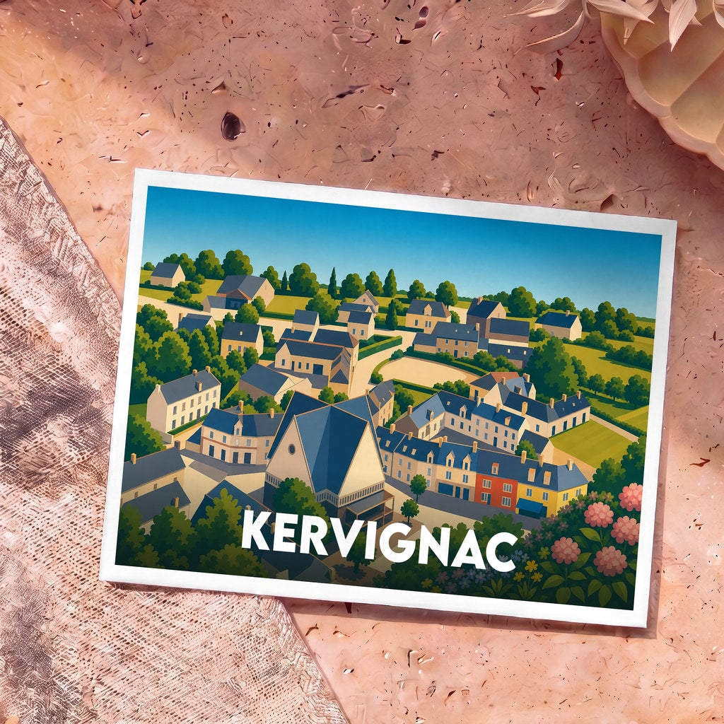 Carte postale souvenir de la ville de Kervignac avec une illustration stylisée et colorée du village.