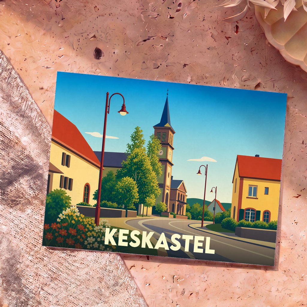 Carte postale souvenir de la ville de Keskastel avec une illustration stylisée.