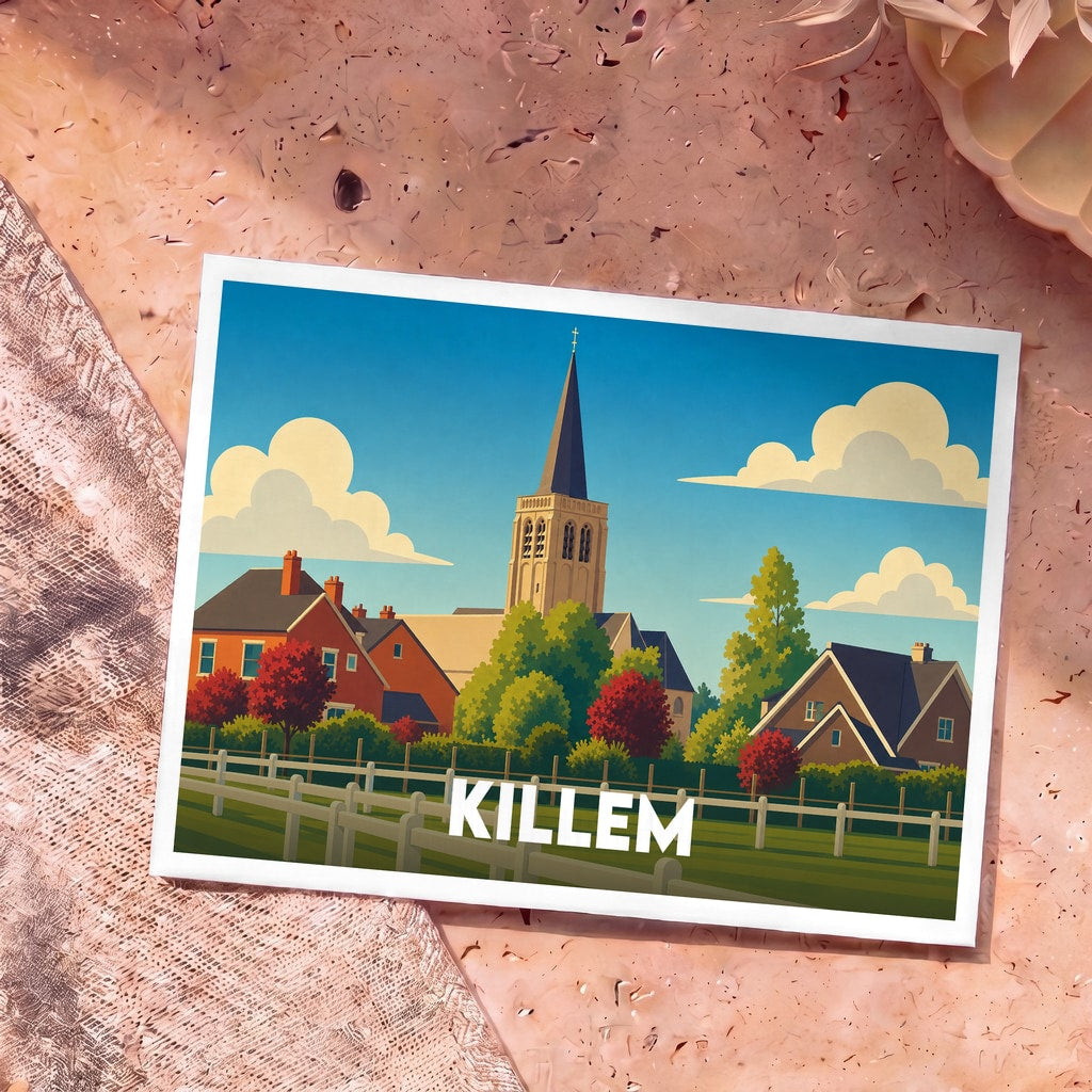 Carte postale souvenir de la ville de Killem avec une illustration stylisée montrant son église et ses maisons.