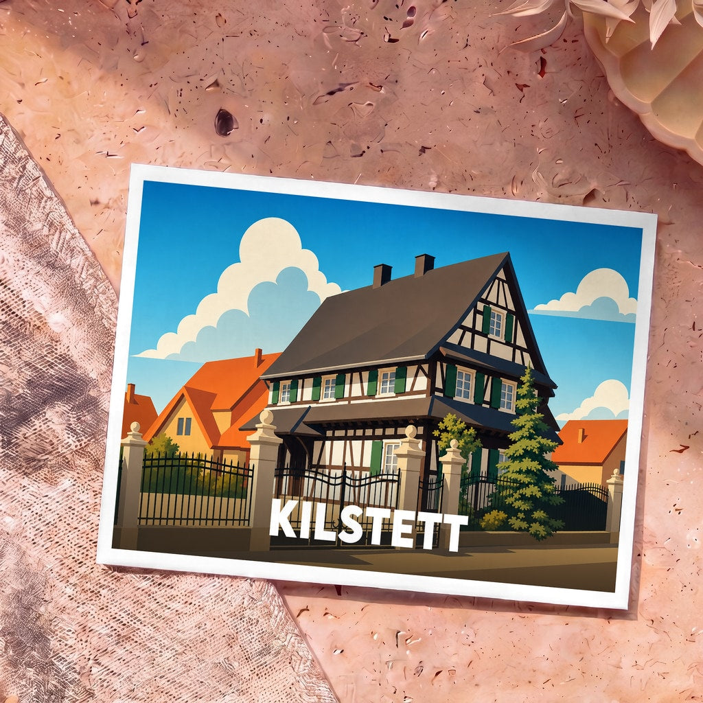 Carte postale souvenir de la ville de Kilstett avec une illustration stylisée d'une maison à colombages.