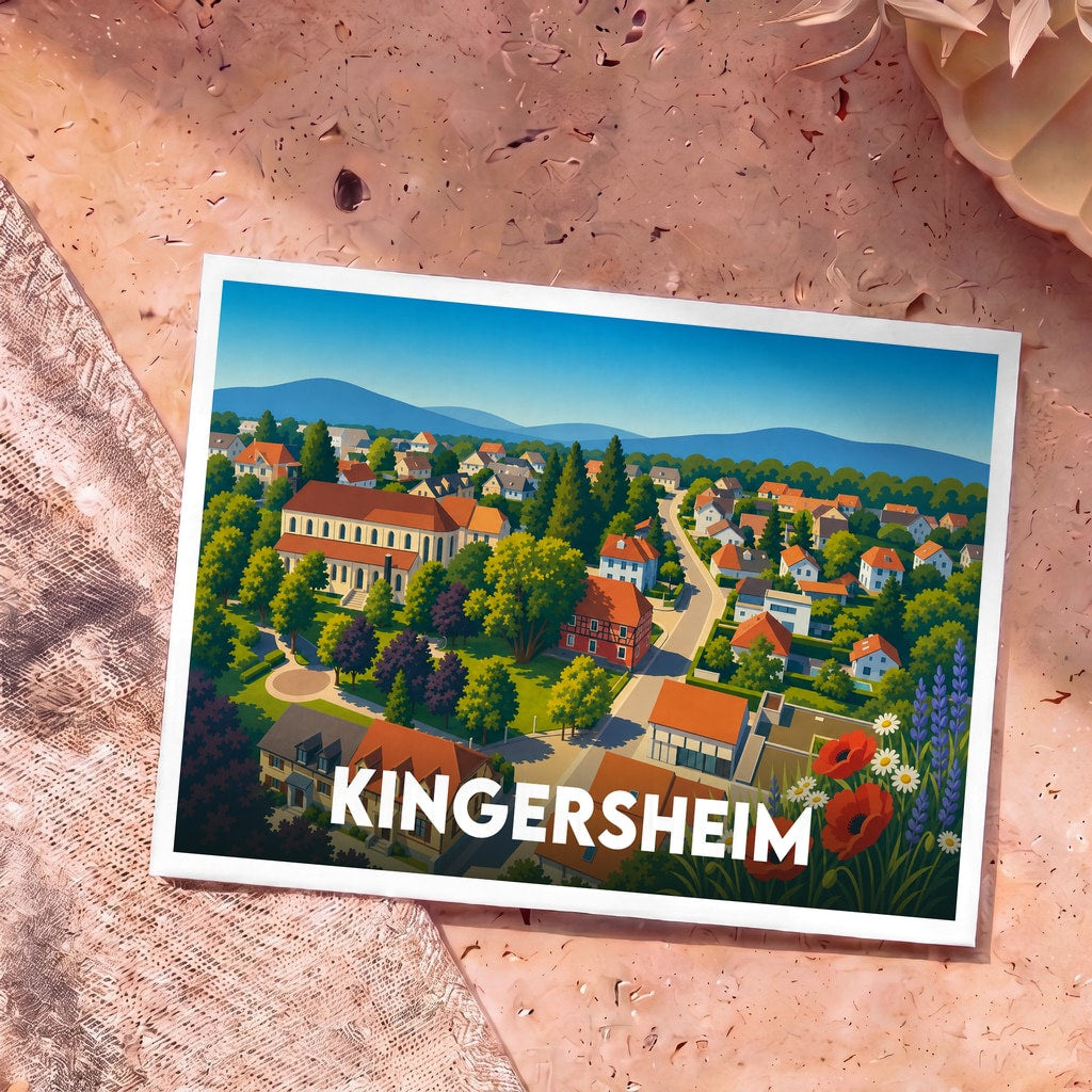 Carte postale souvenir de la ville de Kingersheim avec une illustration stylisée et colorée.