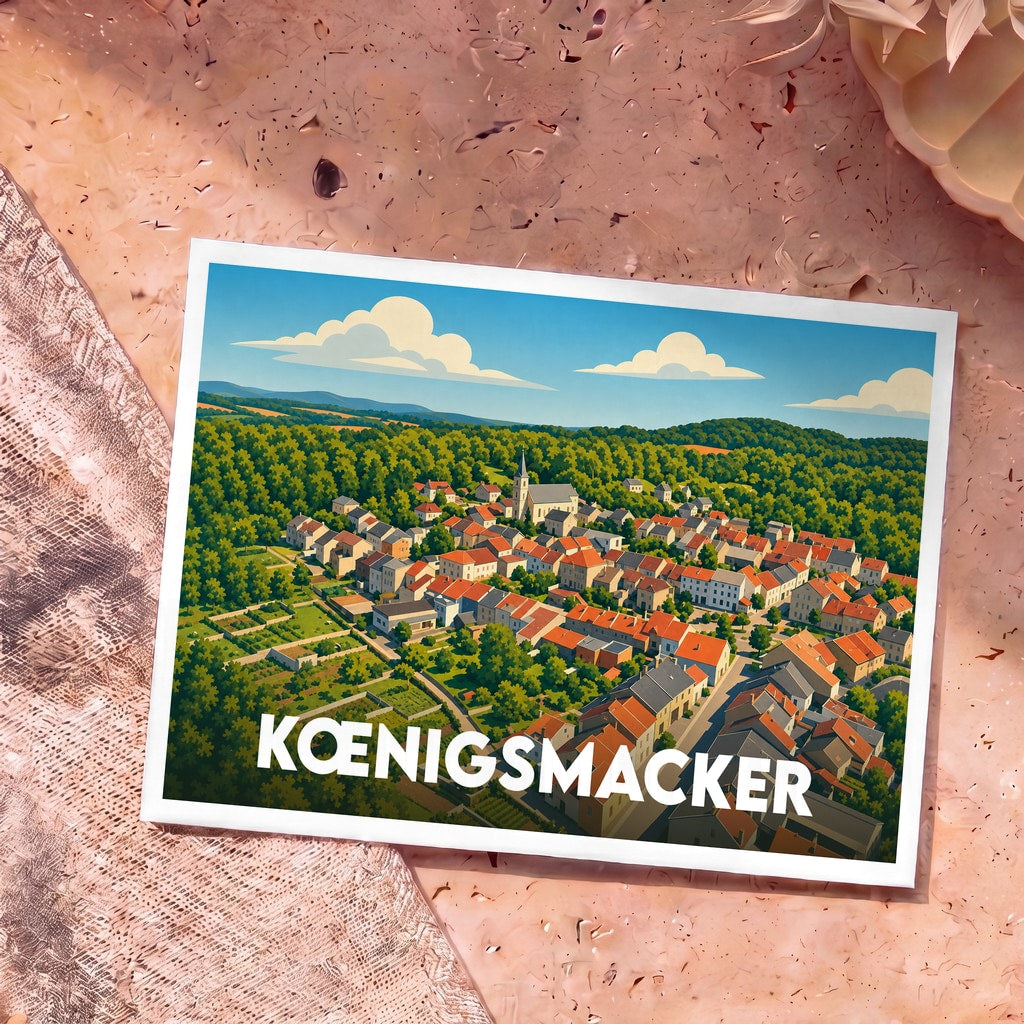 Carte postale souvenir de la ville de Kœnigsmacker avec une illustration stylisée vue du ciel.