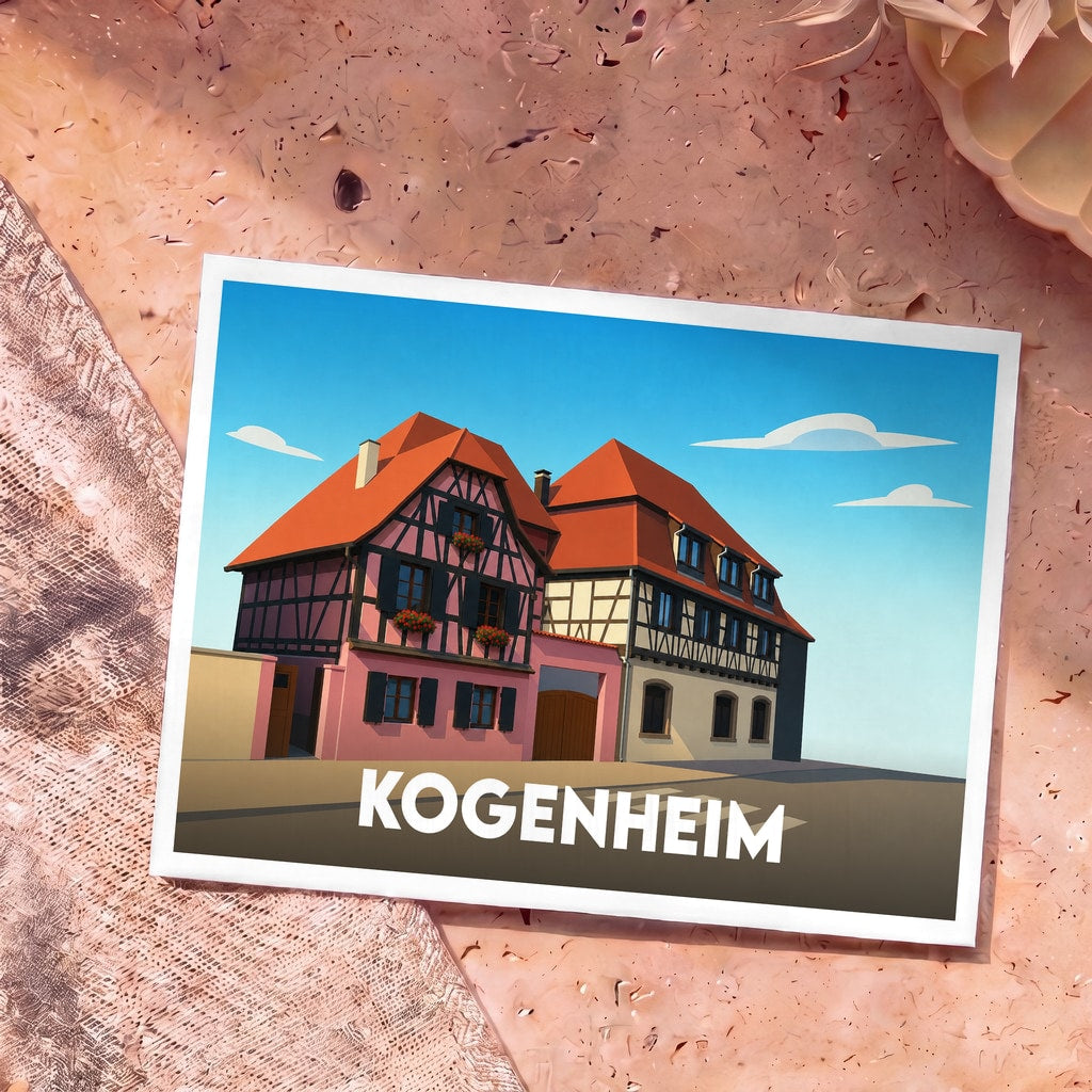 Carte postale souvenir de la ville de Kogenheim avec une illustration stylisée de maisons alsaciennes à colombages.