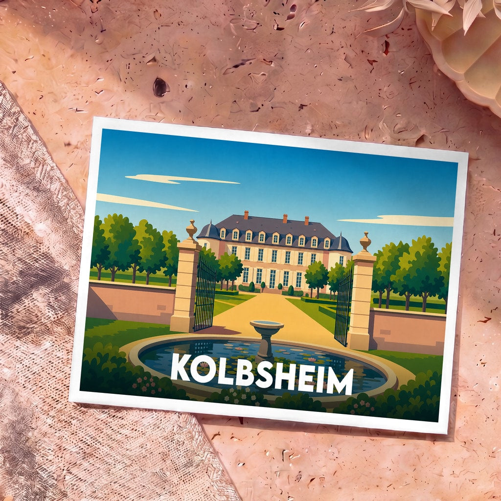 Carte postale souvenir de la ville de Kolbsheim avec une illustration stylisée du château et de ses jardins.
