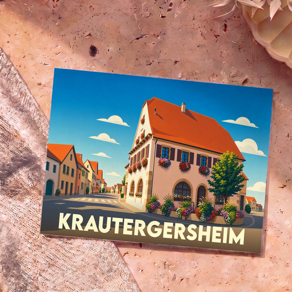 Carte postale souvenir de la ville de Krautergersheim avec une illustration stylisée d'une maison alsacienne fleurie.
