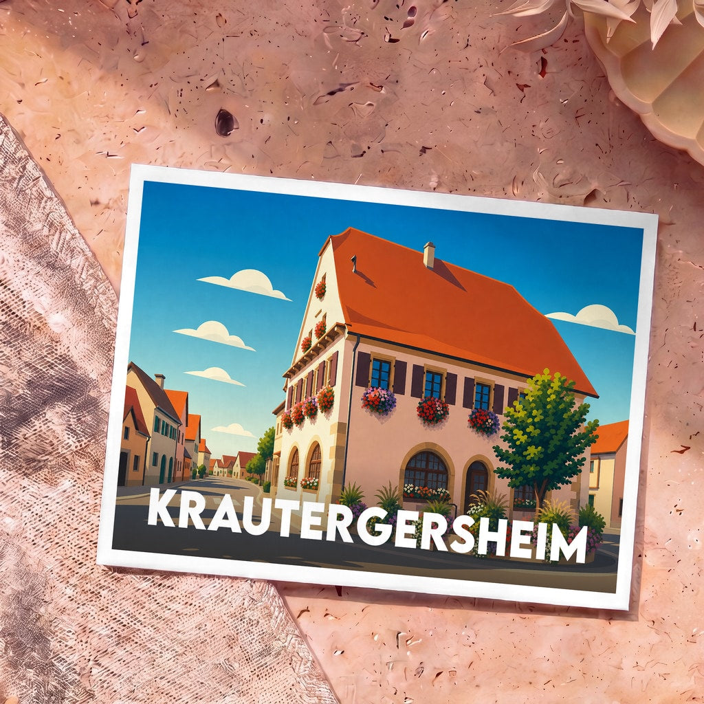 Carte postale souvenir de la ville de Krautergersheim avec une illustration stylisée d'une maison alsacienne fleurie.