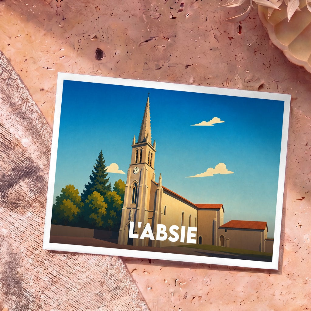 Carte postale souvenir de la ville de L'Absie illustrant son église dans un style épuré et coloré.
