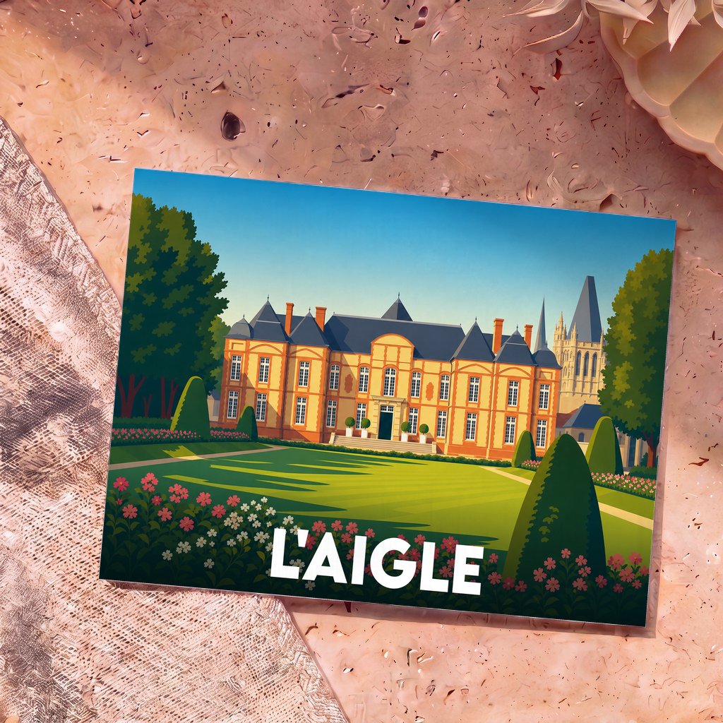 Carte postale souvenir de la ville de L'Aigle illustrant son château et ses jardins dans un style graphique épuré.