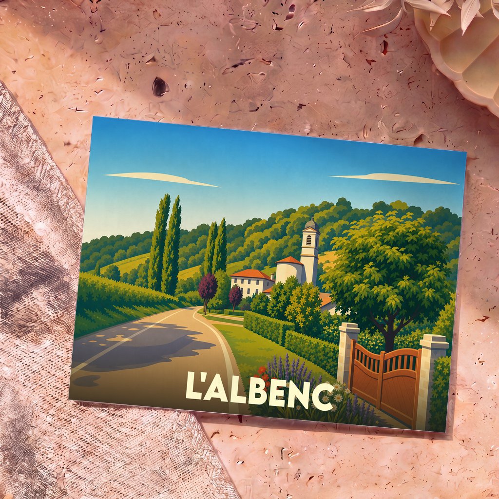 Carte postale souvenir de la ville de L'Albenc présentant une illustration stylisée d'un paysage de campagne ensoleillé.