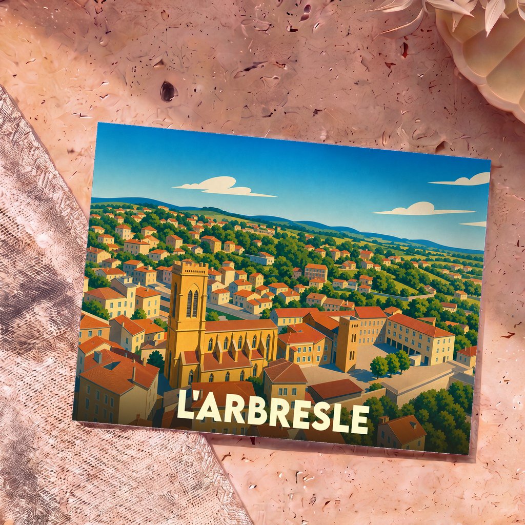 Carte postale souvenir de la ville de L'Arbresle avec une illustration panoramique stylisée.