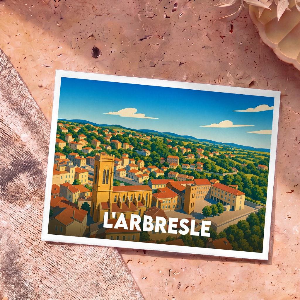 Carte postale souvenir de la ville de L'Arbresle avec une illustration panoramique stylisée.