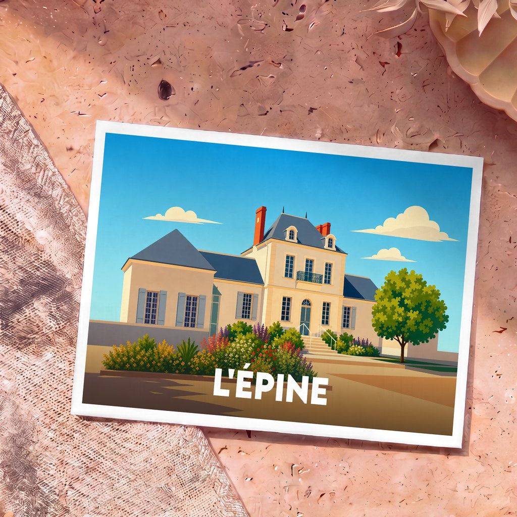 Carte postale souvenir de la ville de L'Épine avec une illustration stylisée d'une maison de maître.