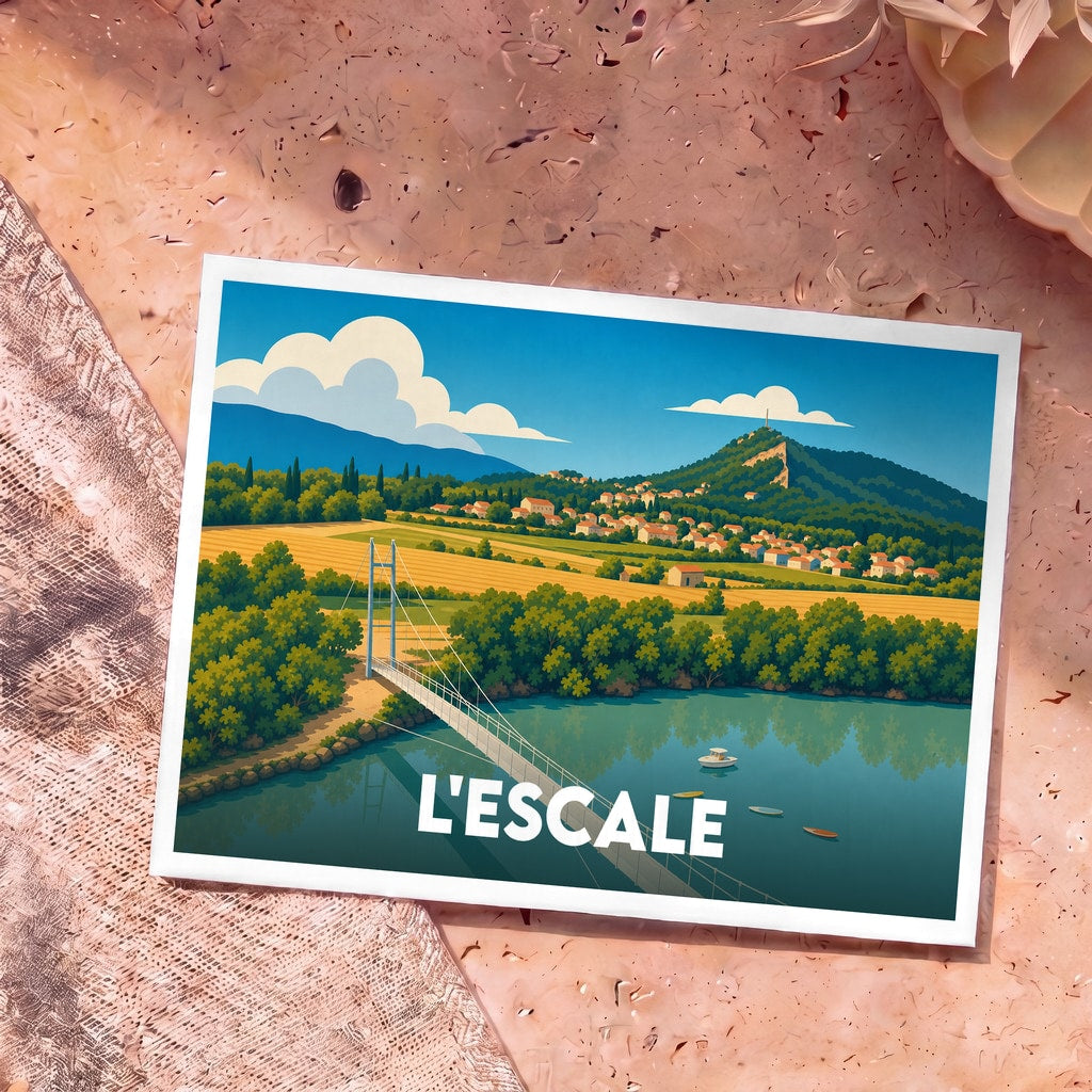 Carte postale souvenir de la ville de L'Escale avec une illustration stylisée.