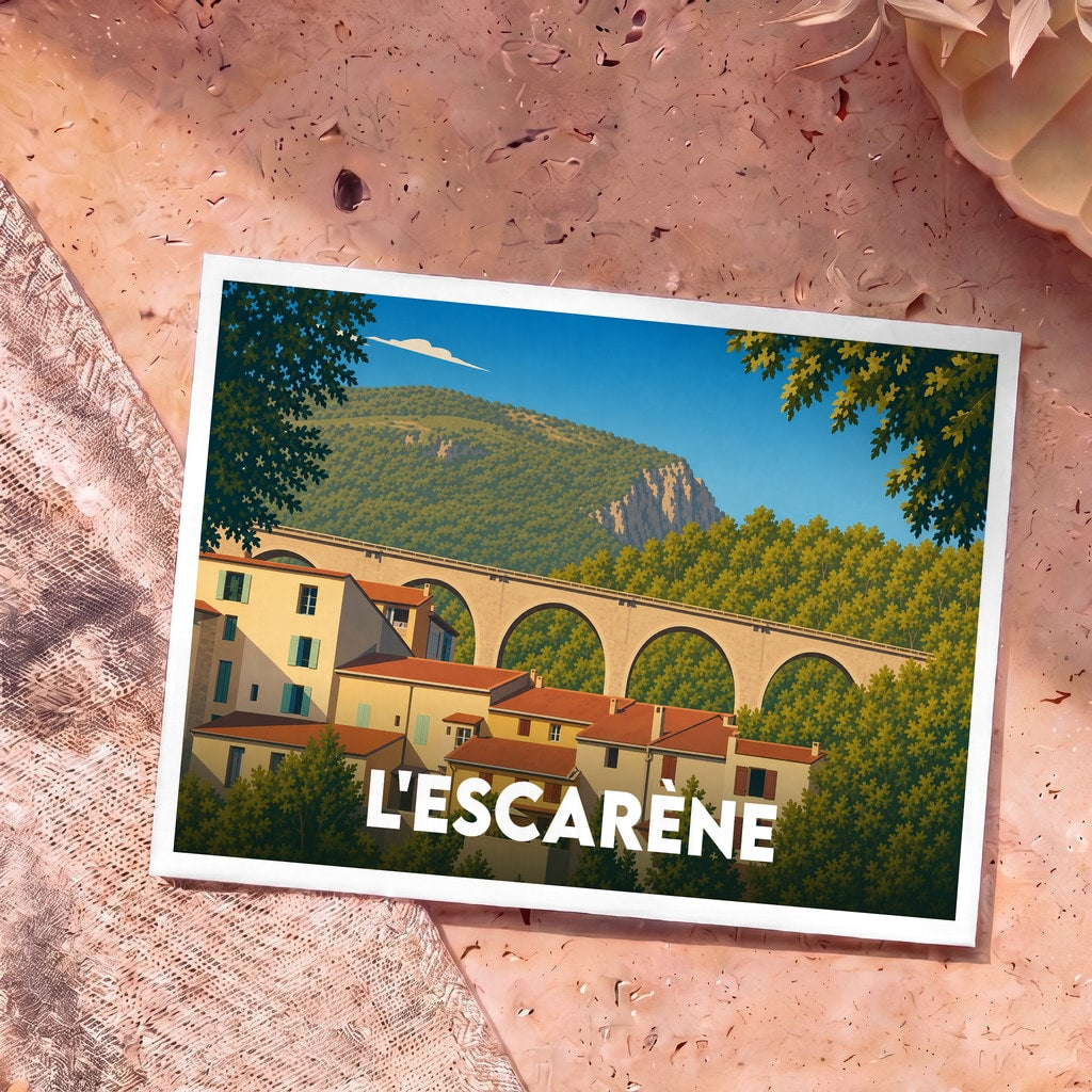 Carte postale souvenir de la ville de L'Escarène avec une illustration stylisée de son viaduc et de ses maisons colorées.