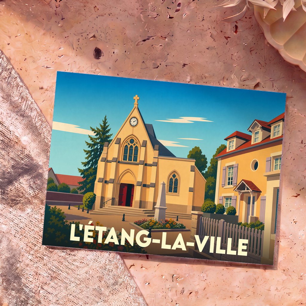 Carte postale souvenir de la ville de L'Étang-la-Ville illustrant son église et ses maisons dans un style rétro.