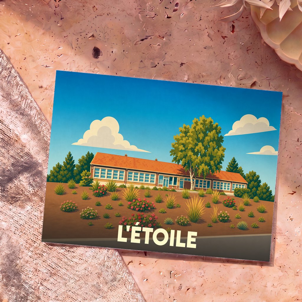 Carte postale souvenir de la ville de L'Étoile avec une illustration stylisée d'un bâtiment paysager.