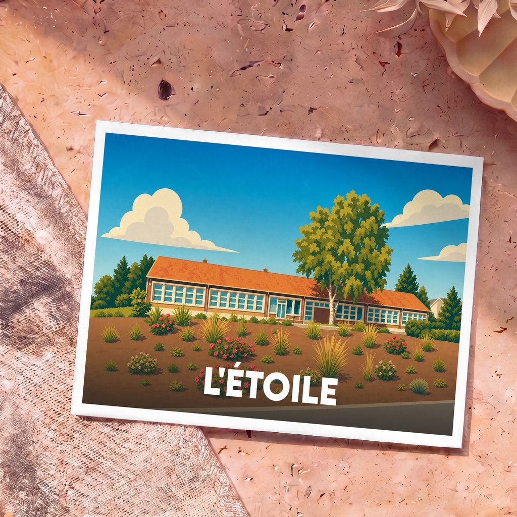 Carte postale souvenir de la ville de L'Étoile avec une illustration stylisée d'un bâtiment paysager.