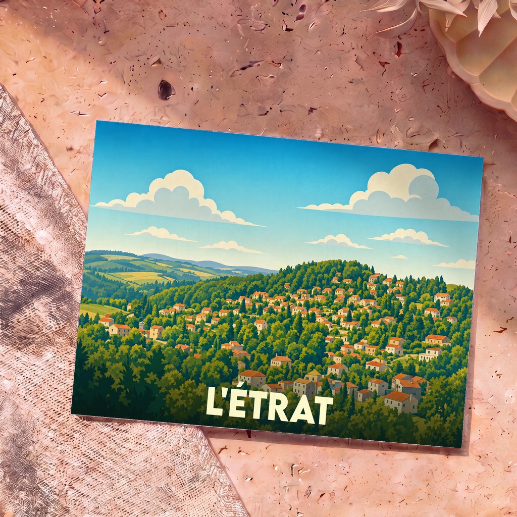 Carte postale souvenir de la ville de L'Étrat avec une illustration stylisée d'un village vallonné.