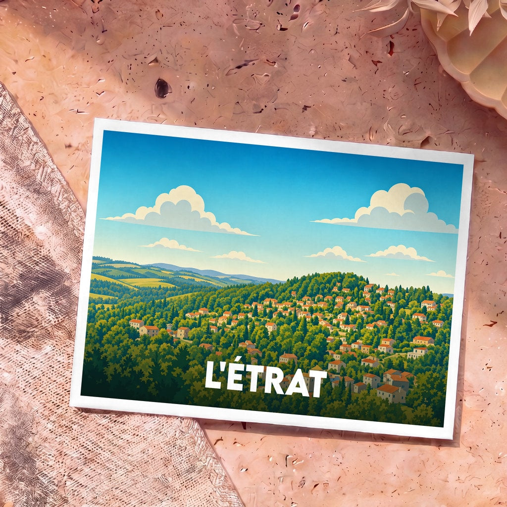 Carte postale souvenir de la ville de L'Étrat avec une illustration stylisée d'un village vallonné.