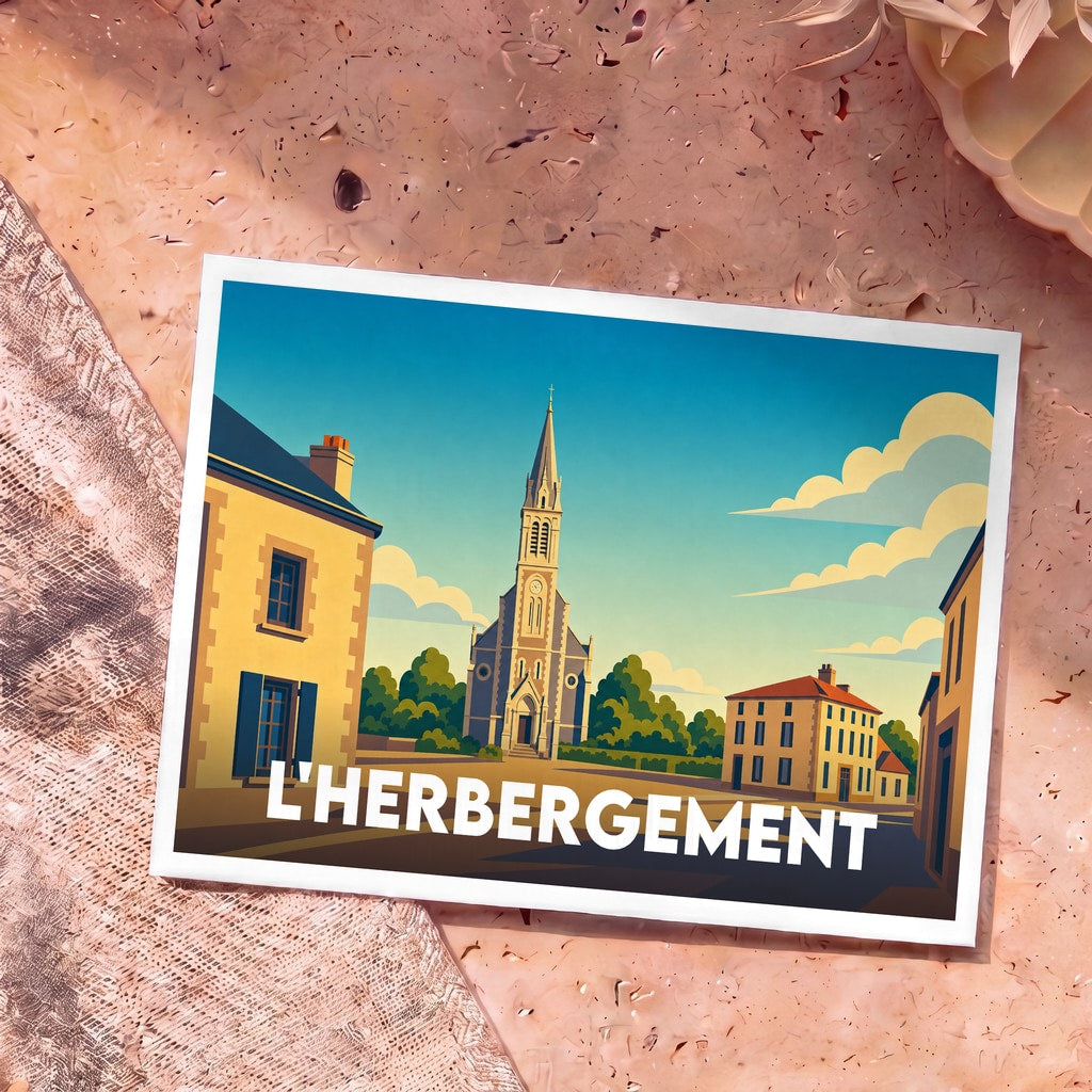 Carte postale souvenir de la commune de L'Herbergement avec une illustration stylisée de son église et de ses maisons.