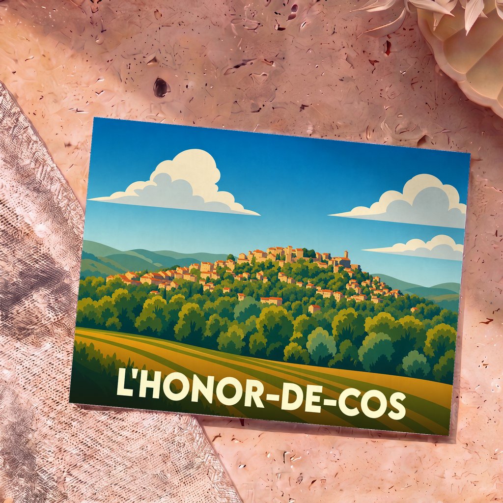 Carte postale souvenir de la ville de L'Honor-de-Cos illustrant un village perché au milieu de collines verdoyantes.
