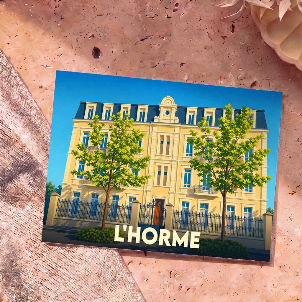 Carte postale souvenir de la ville de L'Horme représentant une grande demeure bourgeoise illustrée.