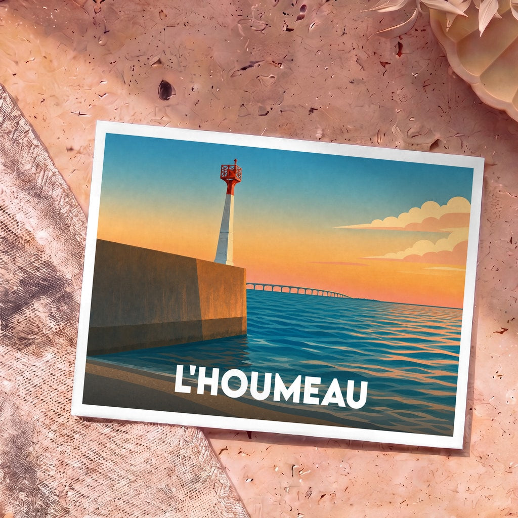 Carte postale souvenir de la ville de L'Houmeau illustrant son phare et le pont de l'île de Ré au coucher du soleil.
