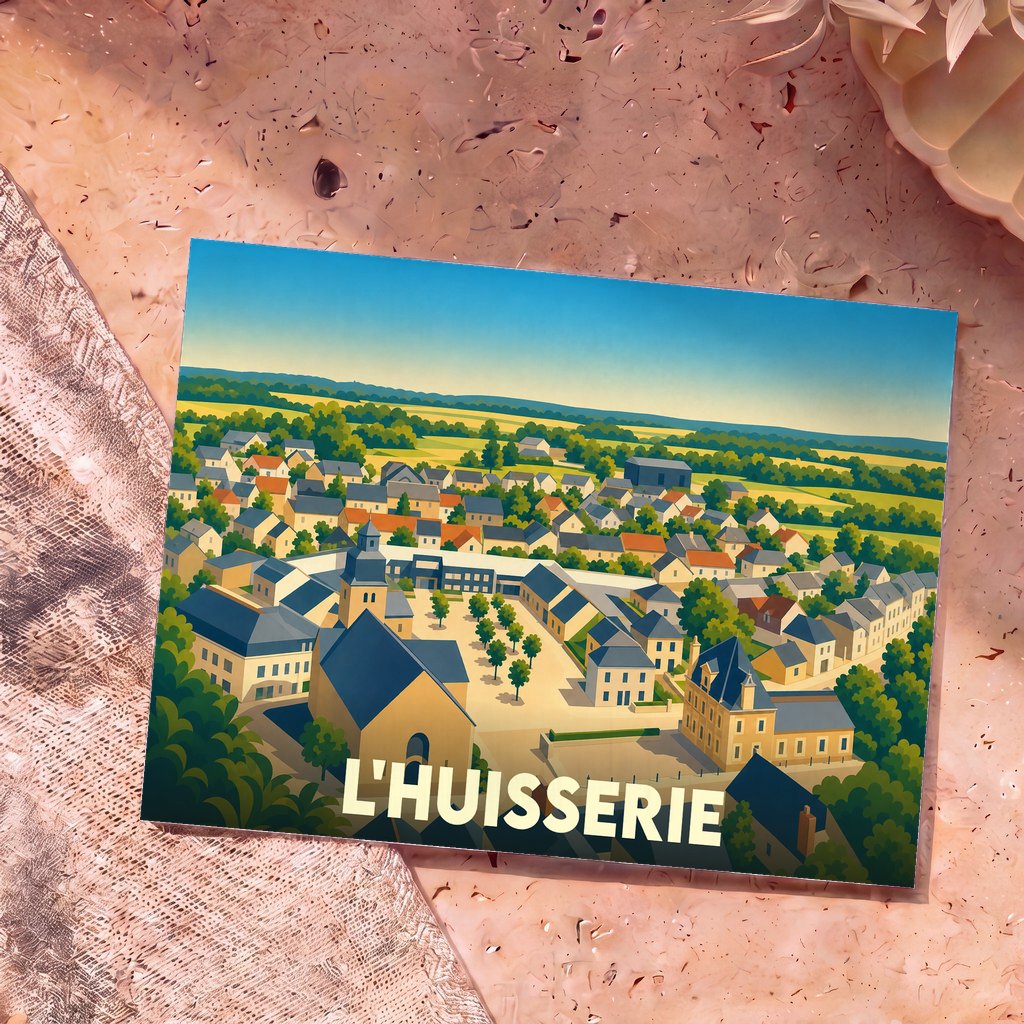Carte postale souvenir de la ville de L'Huisserie avec une illustration stylisée vue du ciel.