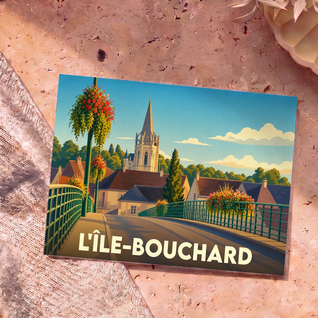 Carte postale souvenir de la ville de L'Île-Bouchard avec une illustration stylisée d'un pont fleuri menant à l'église.