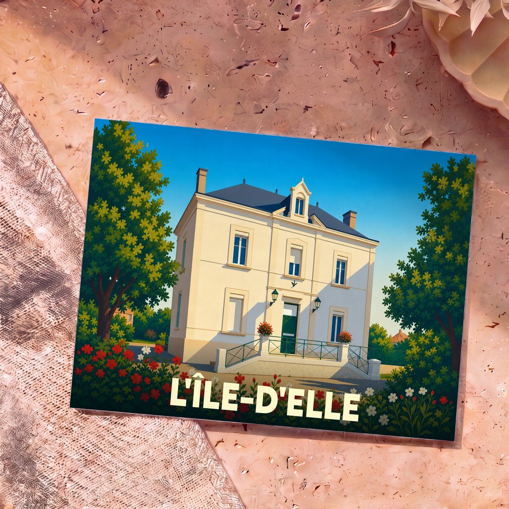 Carte postale souvenir de la ville de L'Île-d'Elle avec une illustration stylisée d'une maison bourgeoise vendéenne.