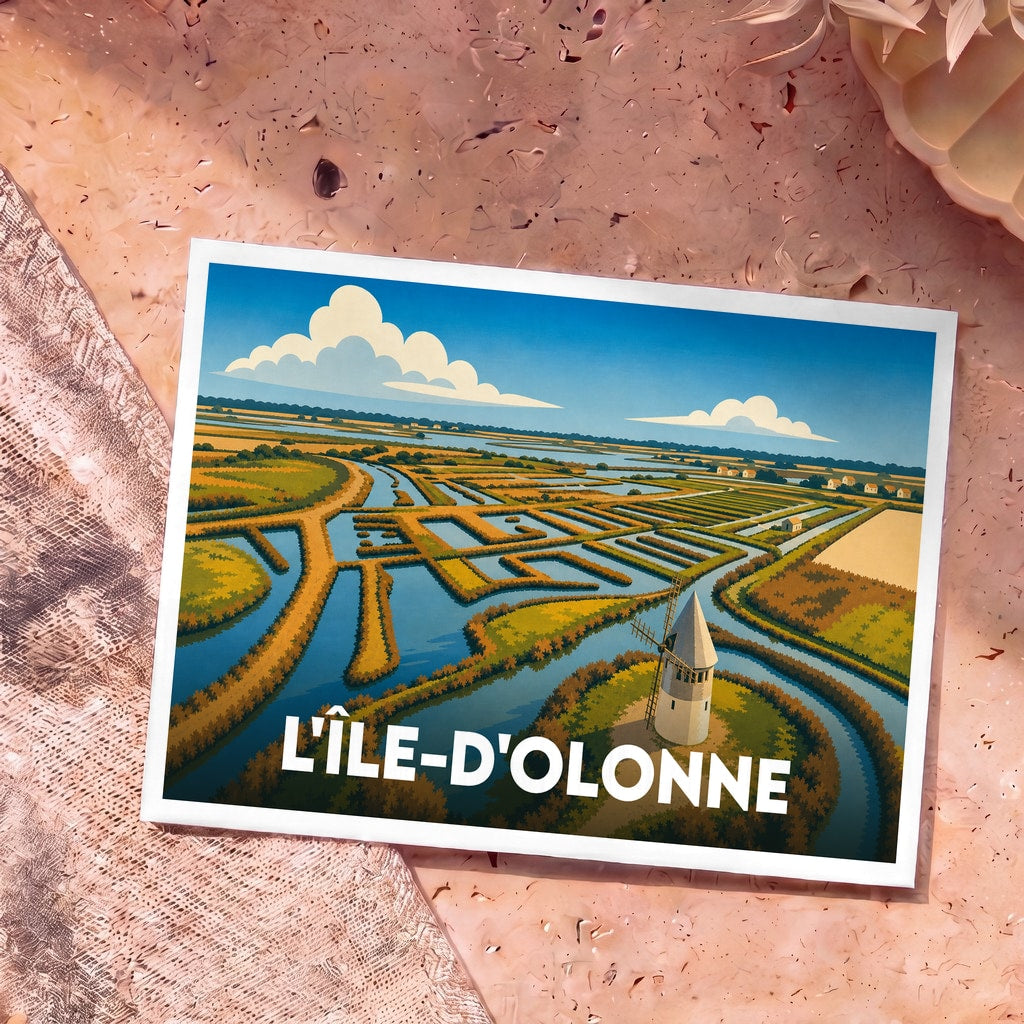 Carte postale souvenir de la ville de L'Île-d'Olonne représentant une illustration stylisée de ses marais salants et d'un moulin.