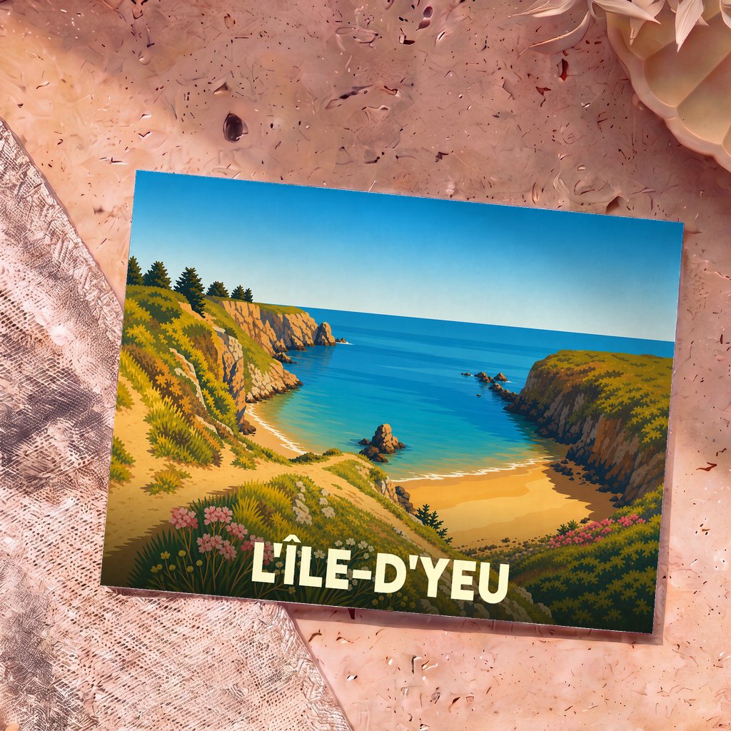 Carte postale souvenir de L'Île-d'Yeu avec une illustration stylisée d'une crique sauvage et ensoleillée.