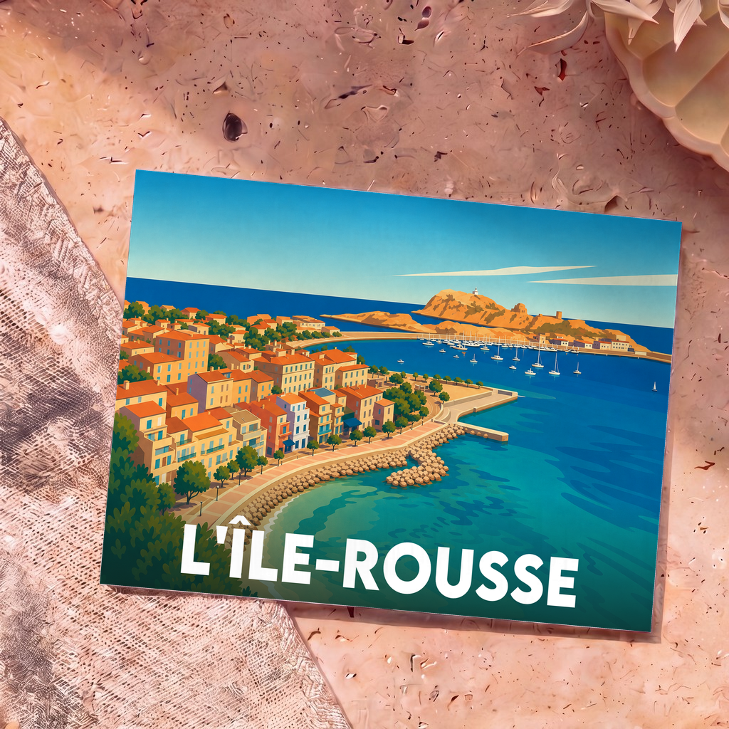 Carte postale souvenir de L'Île-Rousse présentant une illustration stylisée de son port et de sa côte.