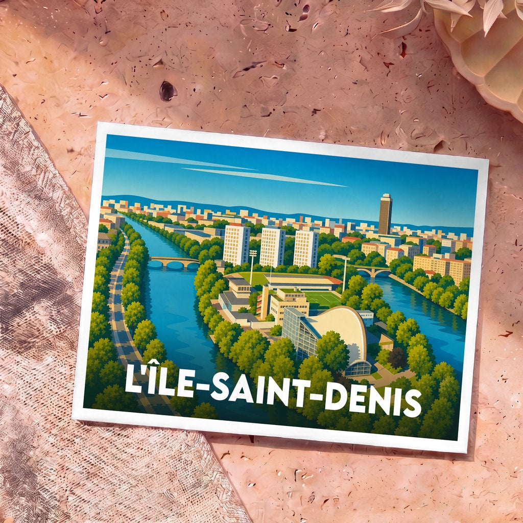 Carte postale souvenir de L'Île-Saint-Denis avec une illustration stylisée et colorée de la ville en bord de Seine.