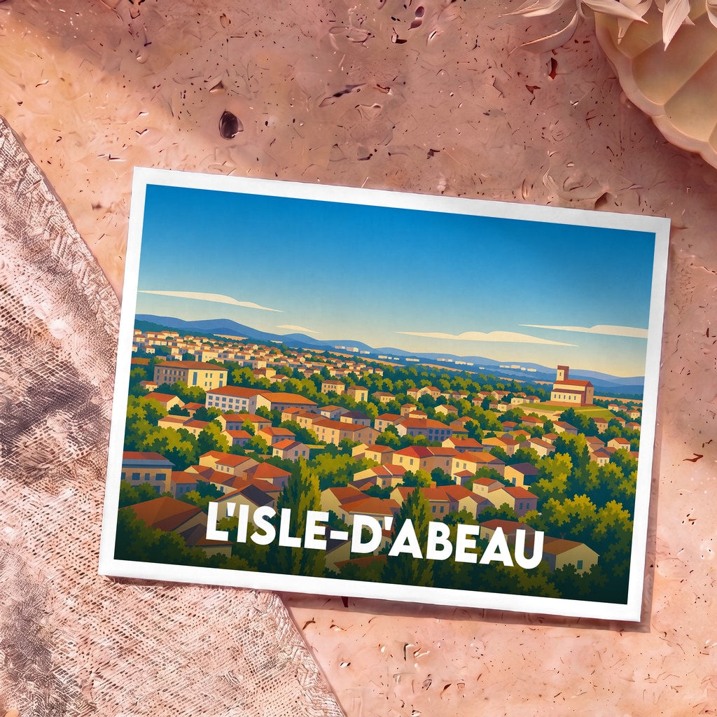 Carte postale souvenir de la ville de L'Isle-d'Abeau avec une illustration panoramique stylisée.