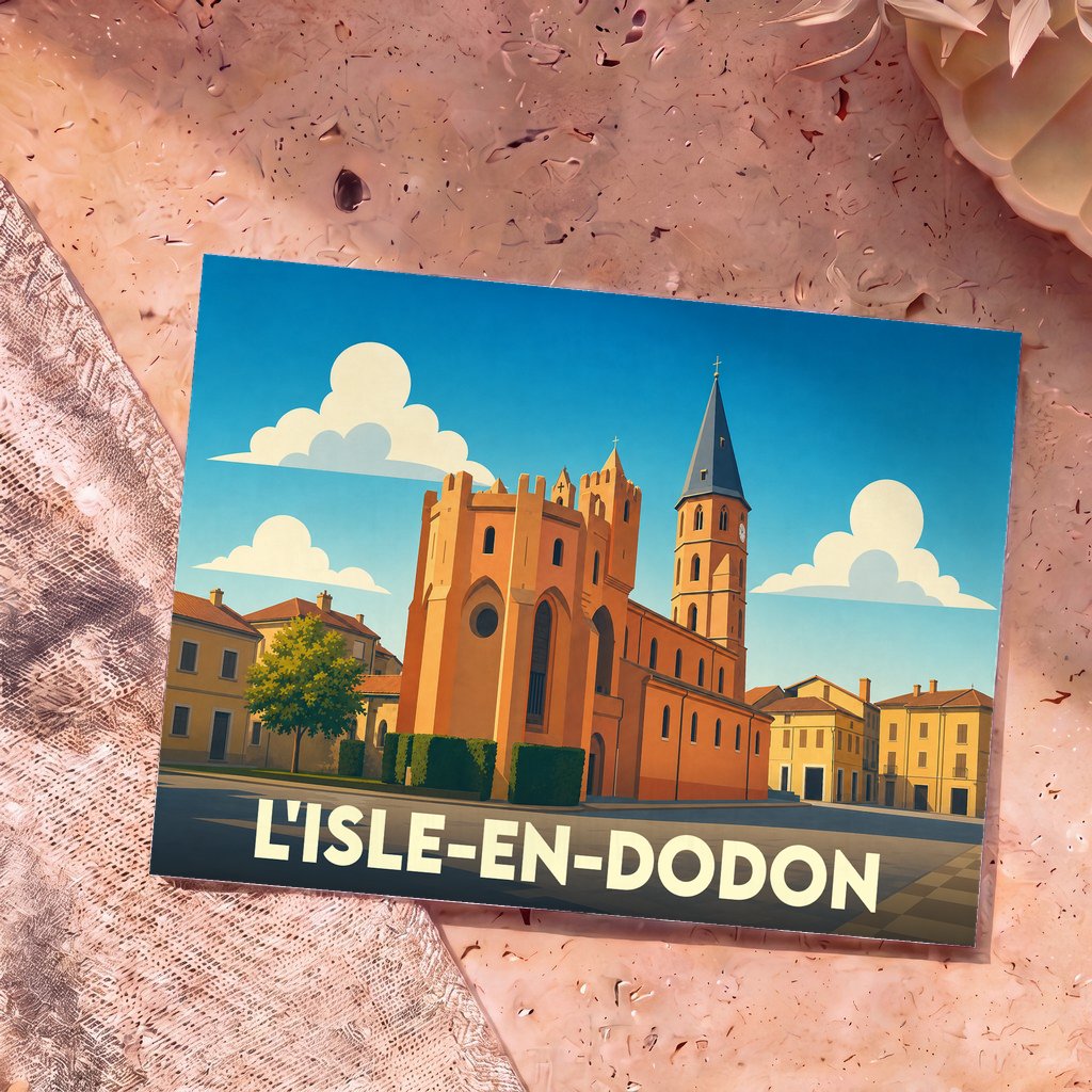 Carte postale souvenir de la ville de L'Isle-en-Dodon avec une illustration stylisée de son église fortifiée.