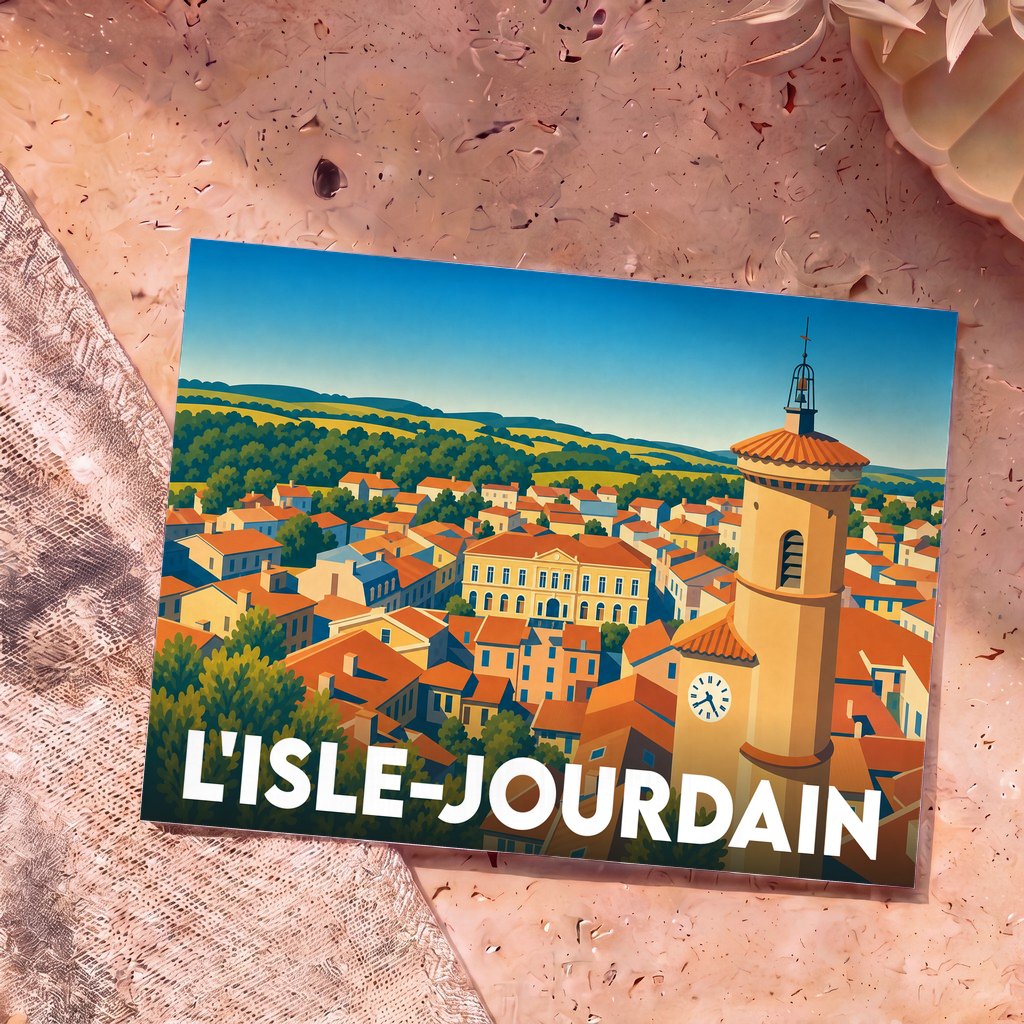 Carte postale souvenir de la ville de L'Isle-Jourdain avec une illustration stylisée de ses toits et de son clocher.