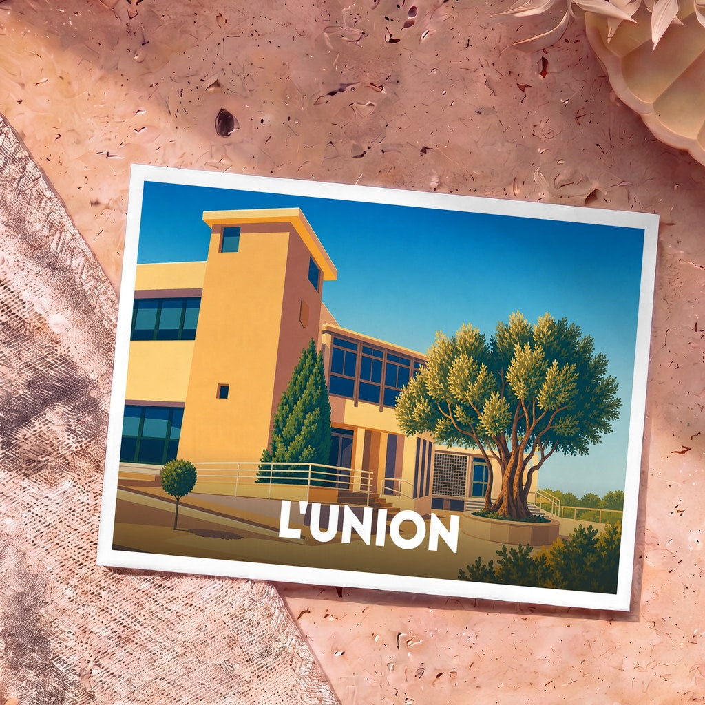 Carte postale souvenir de la ville de L'Union avec une illustration stylisée de son architecture et de sa végétation.