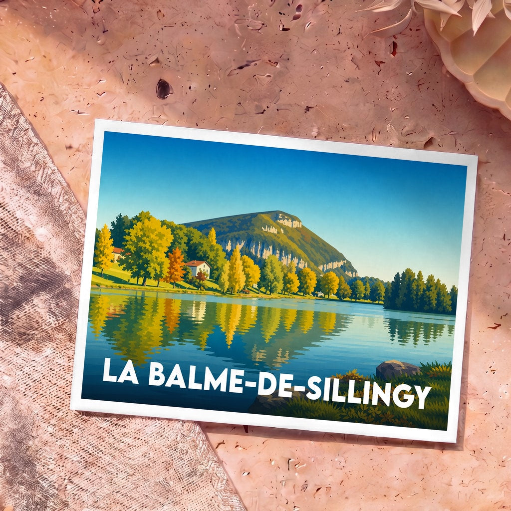 Carte postale souvenir de la ville de La Balme-de-Sillingy avec une illustration stylisée de son lac et de ses montagnes.