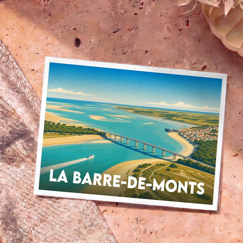 Carte postale souvenir de la ville de La Barre-de-Monts avec une illustration stylisée du pont de Noirmoutier et de la côte vendéenne.