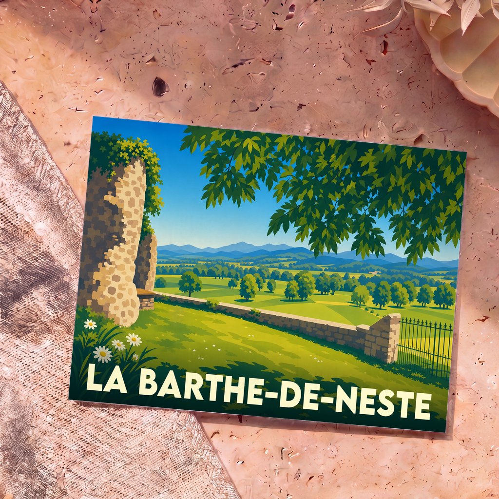 Carte postale souvenir de la ville de La Barthe-de-Neste avec une illustration stylisée d'un paysage de campagne.