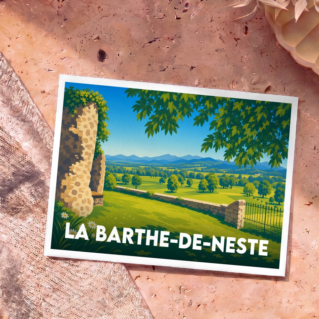 Carte postale souvenir de la ville de La Barthe-de-Neste avec une illustration stylisée d'un paysage de campagne.