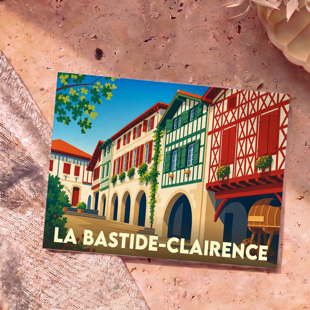 Carte postale souvenir de la ville de La Bastide-Clairence avec une illustration stylisée de maisons à colombages.