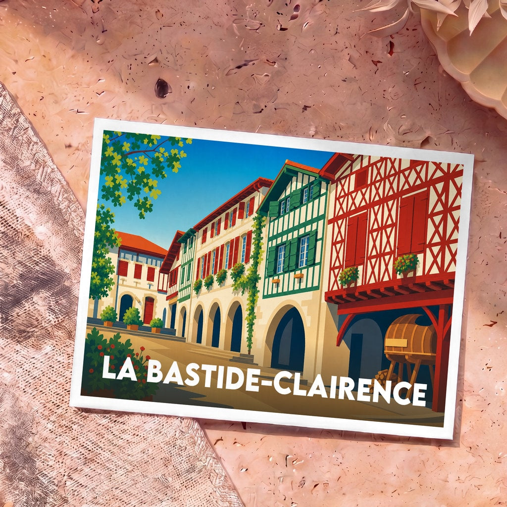 Carte postale souvenir de la ville de La Bastide-Clairence avec une illustration stylisée de maisons à colombages.