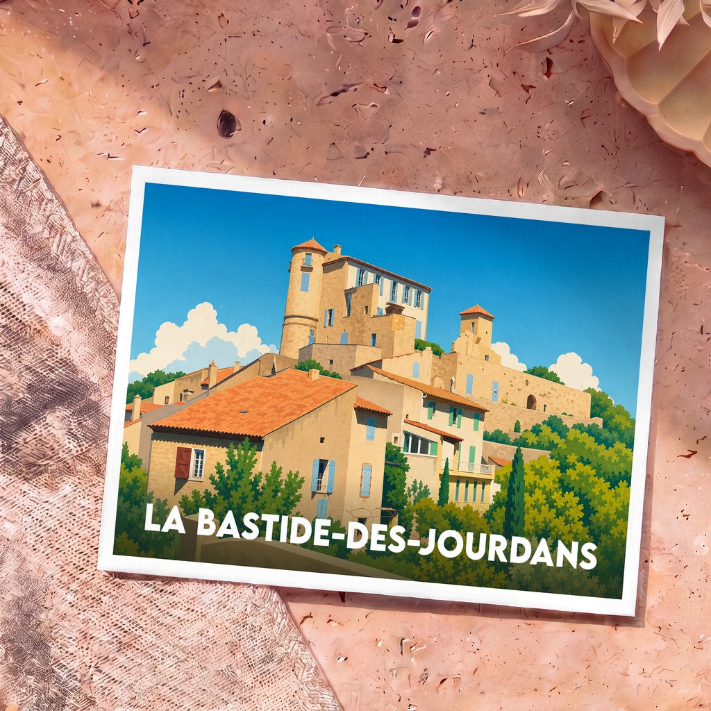 Carte postale souvenir de la ville de La Bastide-des-Jourdans avec une illustration stylisée d'un village perché.